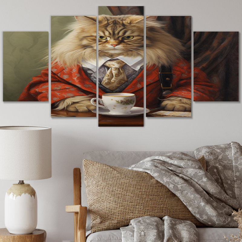 Chat sibérien portant un élégant costume I - animaux, art mural sur toile, 5 panneaux
