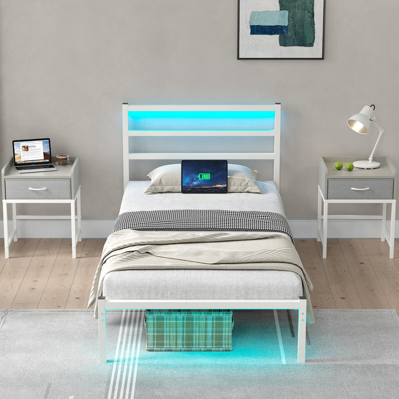 Bed Frame with Headboard, Metal Platform Bed Frame with LED, Charging Station, No Box Spring Needed, Easy Assembly, Noise Free