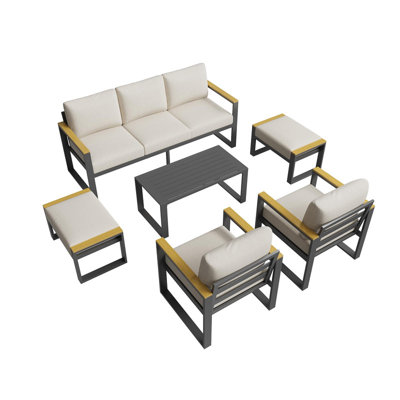 7-Seat Aluminum Patio Conversation Set with Coffee Table, 6 Pieces Outdoor Sectional Sofa, Beige