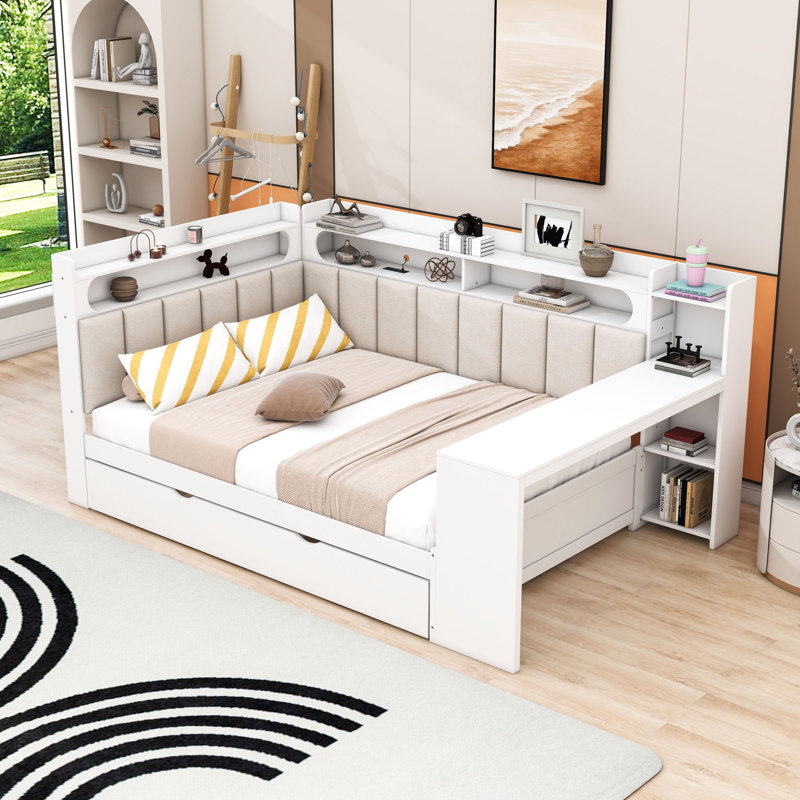 Daybed with Shelves,Trundle,Charging Station,LED Light and Desk, White/Beige