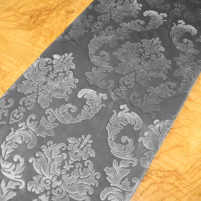 Velvet Damask Table Runner, 60" x 12", Silver
