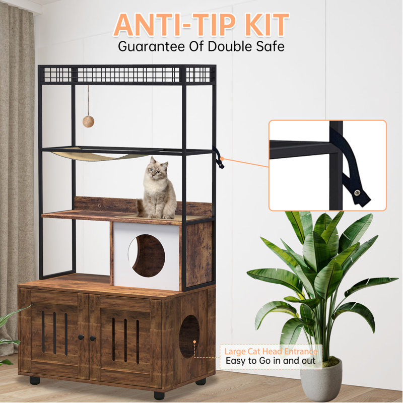 Enceinte de litière pour chat avec tablette de rangement, maison de chat cachée 60 po, poteau à griffer et hamac