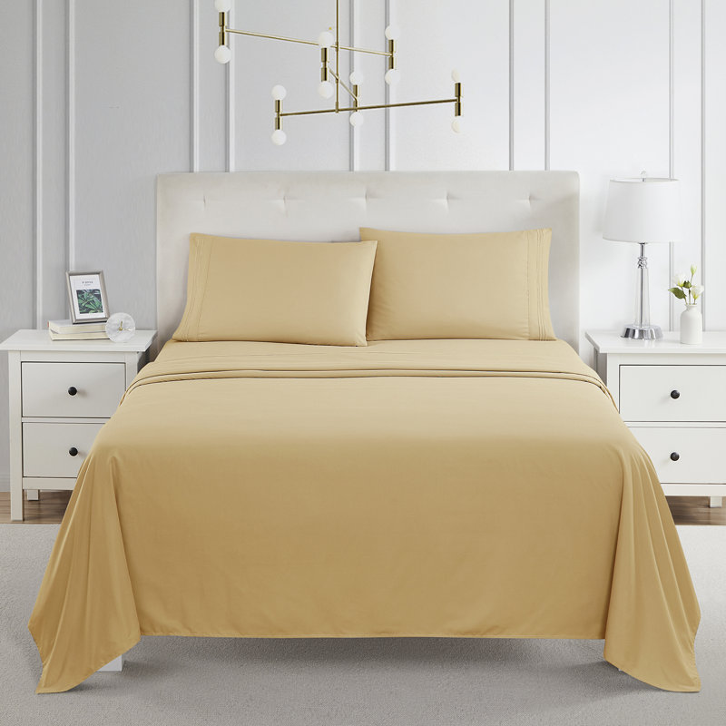 Double Brushed Hotel Luxury Sheet Set with Extra Soft Sheets & Pillowcases, Camel Gold, Split King