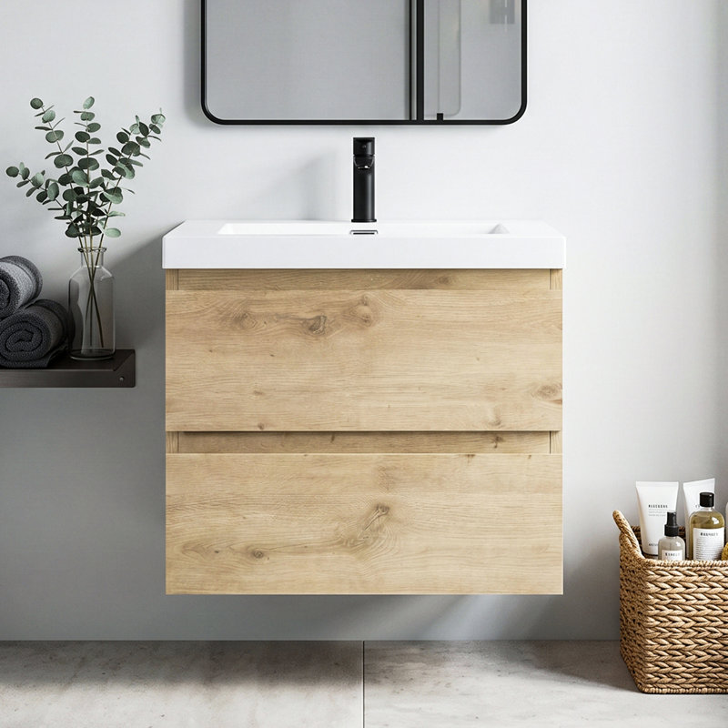 Meuble-lavabo suspendu de 61 cm (24 po), armoire en mélamine de bois avec lavabo intégré en résine et carbonate de calcium