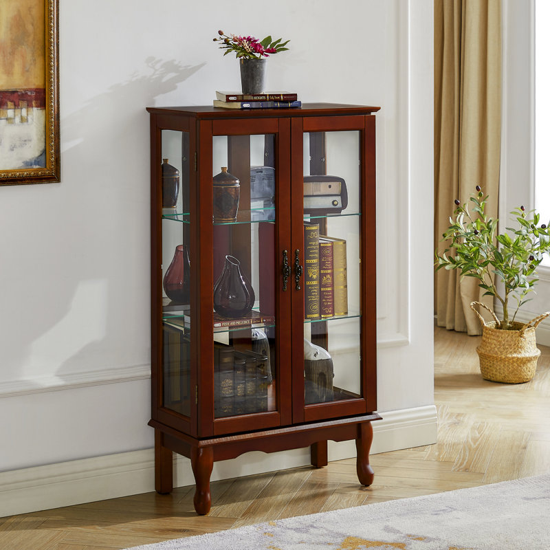 Curio Cabinet With Tempered Glass Doors And Mirrored Back In Cherry 11.88"D X 26"W Dimensions, Cherry