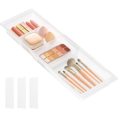  Plateaux de rangement coulissants avec tiroirs de maquillage avec insertions, cloison de tiroir de bureau suspendue extensible, plateau de rangement en plastique de 14 à 23 po de long / 1,8 po de hauteur dans le meuble-lavabo / salle de bain / bureau / 