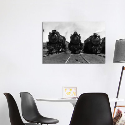 1930s Head-on Shot Of Three Steam Engine Train Locomotives On Tracks - Wrapped Canvas Print