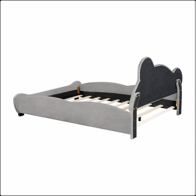 Lit plateforme en velours avec tête de lit en forme d'ours et poche de rangement pour le lit, gris, Double