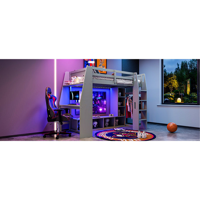 Lit mezzanine simple avec bureau et DEL, support à tablettes multiples, bureau de jeu de taille gris bois, DEL, grand espace de rangement,
