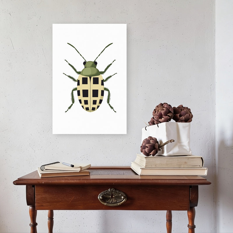 Checkered Green Beetle Minimalist Modern Beetle Nature Wildlife Wall Art Print by Mathieu - Wrapped Canvas Print