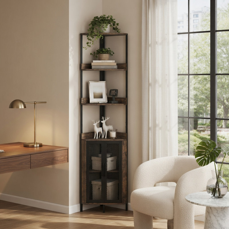 Étagère d'angle industrielle à 6 niveaux, en métal et en bois, avec garde-robe intégrée et rangement ajustable, idéale pour le salon, le bureau ou la chambre. Couleur : brun rustique.