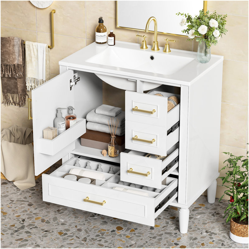 Meuble-lavabo de 30 po avec lavabo en céramique, porte à fermeture en douceur avec tablette intégrée, tiroir profond, tiroir standard, grand tiroir diviseur, grande armoire de rangement pour la salle de bain, design moderne et fonctionnel