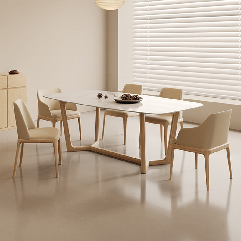 White + Burlywood Rectangular Sintered Stone + Solid Wood Dining Table, 29.53"H x 62.99"L x 31.5"W