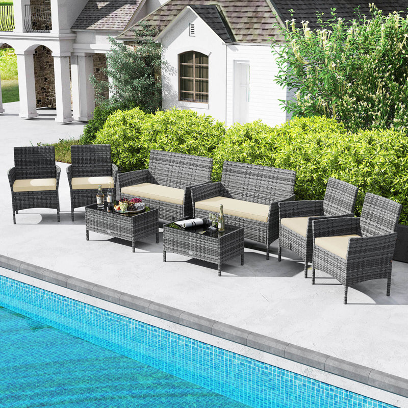Ensemble de 8 meubles de patio avec coussins lavables et table basse en verre trempé, Beige