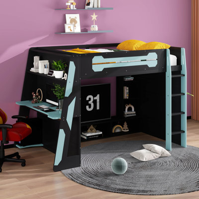Lit mezzanine pleine grandeur avec bureau, base de lit en bois avec tablettes et lumière RVB, espace de rangement sous le lit, ports USB et armoire de rangement