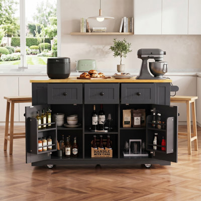 53" Moveable & Stationary Kitchen Island,Kitchen Cart,with Power Outlet,Drop Leaf,Door Internal Storage Rack, 5 Wheels,Adjustable Shelf,Solid Wood Legs,for Living Room/Entryway/Dining Room/Kitchen,Easy to Assembly