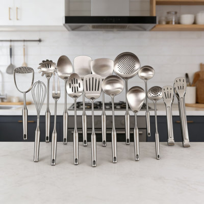 16-Piece Stainless Steel Kitchen Utensil Set - 18/10 Restaurant Grade All-Metal Cooking Tools With Ergonomic Handles - Includes Whisk, Tongs, Spatula, Ladle, Spoon, Turner, Skimmer, Masher, And Fork