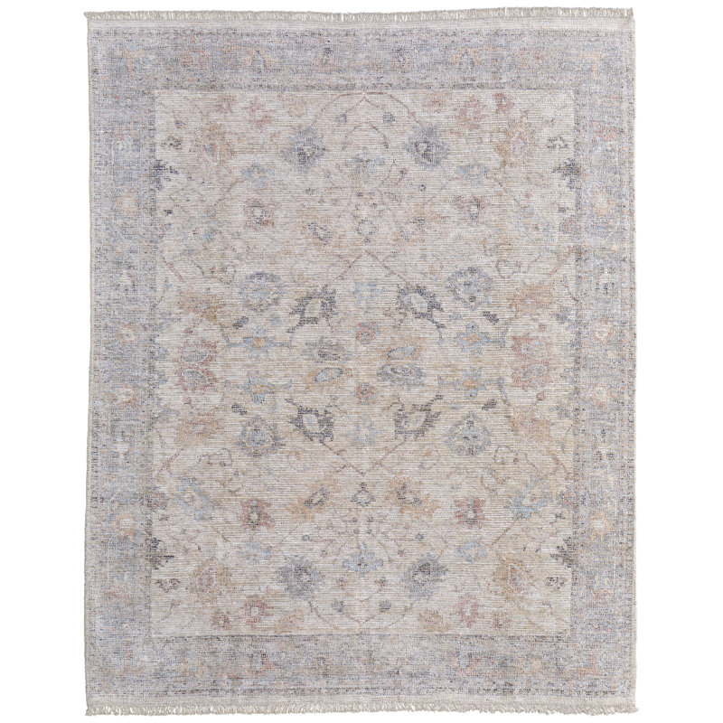 Tapis transitionnel floral et botanique, ivoire / brun clair / bleu Ramey, Rectangle 2 pi x 3 pi