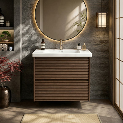 Meuble-lavabo mural 24 po avec lavabo intégré en céramique, 2 tiroirs à fermeture douce Reeded sans poignée, meuble-lavabo moderne pré-assemblé