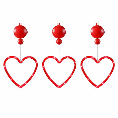 Valentine’s Day Heart Window Lights, 3 Hanging Decorations, 2 Lighting Modes, Battery Operated With Timer, Red