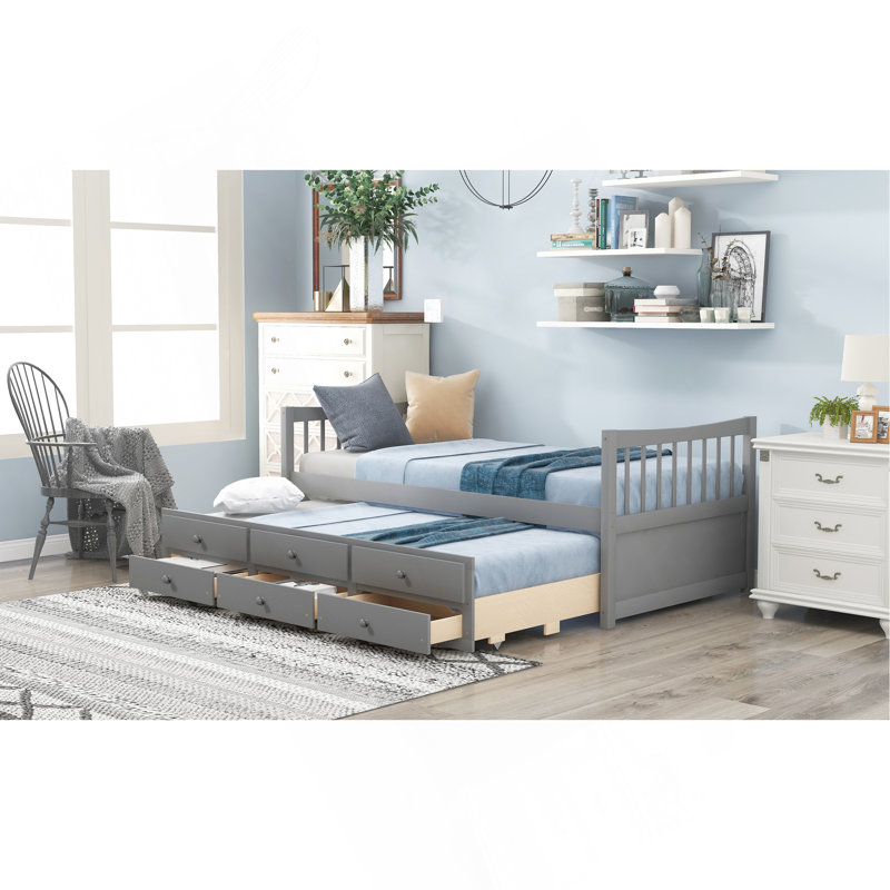 Lit de jour avec couchette et tiroirs, taille simple, Gris