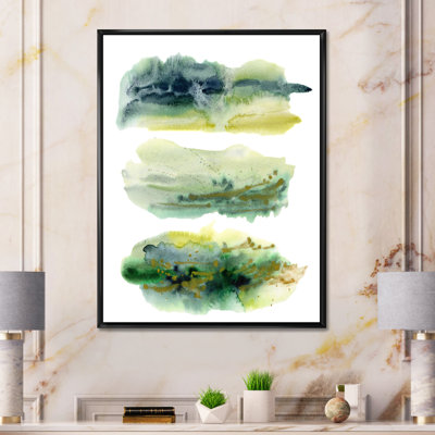 «Golden Green Abstract Clouds with Blue Points I», peinture sur toile à cadre flottant