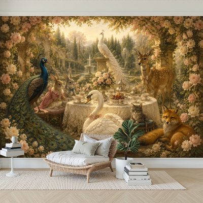 Wall Mural Peel and Stick Wallpaper Whimsical Animal Tea Party Floral Garden Deer Fox Rabbits Swans Self-Adhesive Removable Contact Paper Wall Decor for Living Room Bedroom 100"H x 144"W
