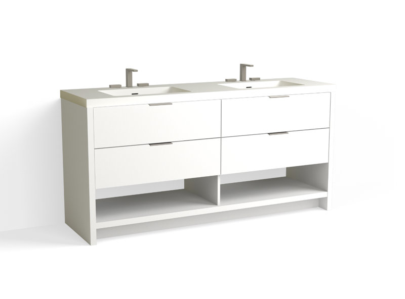 Vue 72" W Freestanding Double Bathroom Vanity, White Nanomatte, Satin Nickel, Glossy White/8" Widespread