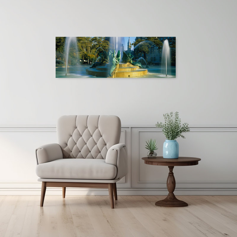Fountain In Front Of A Building Logan Circle City Hall Philadelphia Pennsylvania USA by Jerry Driendl Photography - Wrapped Canvas Panoramic Print