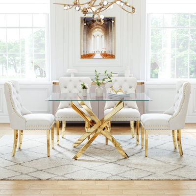 Modern Glass Dining Table Set For 4, 50" Rectangular Tempered Glass Dining Table With Velvet Upholstered Seats