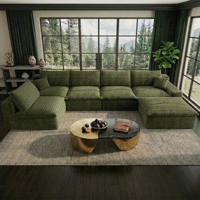 Canapé modulaire en forme de U de 135,4 po pour salon, canapé modulaire surdimensionné sans os avec repose-pieds, canapé moderne avec assise profonde, sans assemblage requis, vert