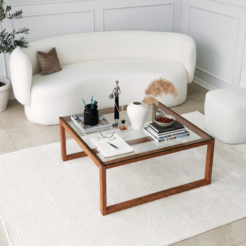 Modern Coffee Table, 35.4 x 15.7 x 35.4 inches | 100% Tempered Glass Top & 100% Pine Solid Wood Frame | Stylish Wooden Color Design | Perfect for Living Room & Novelty Spaces, Durable & Elegant
