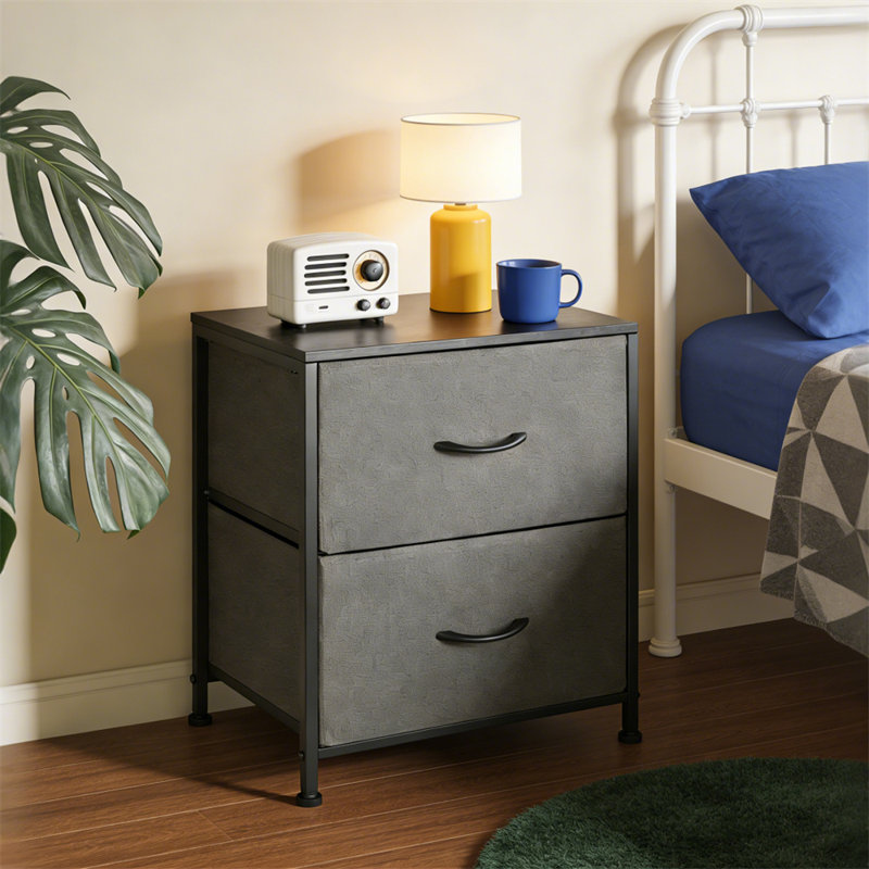 Steel Frame Wooden Top Nightstand with 2 Fabric Drawers