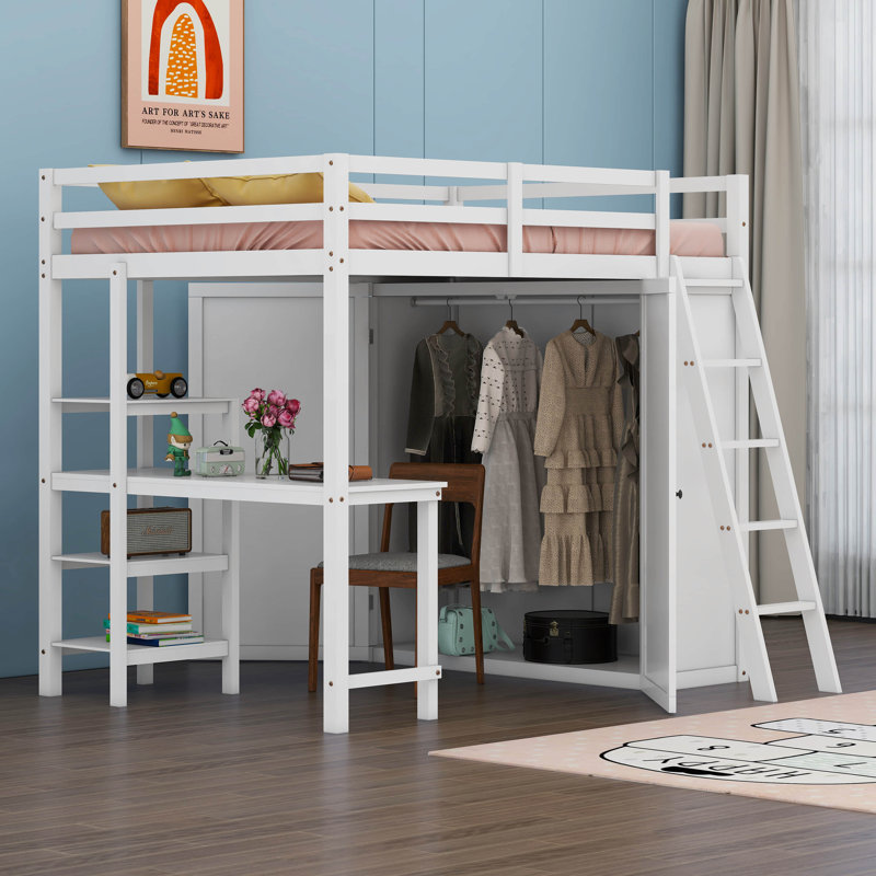 Lit mezzanine avec penderie et bureau Hayah, Double, Blanc