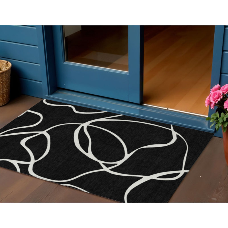 3' X 5' Black And Ivory Abstract Washable Indoor Outdoor Area Rug