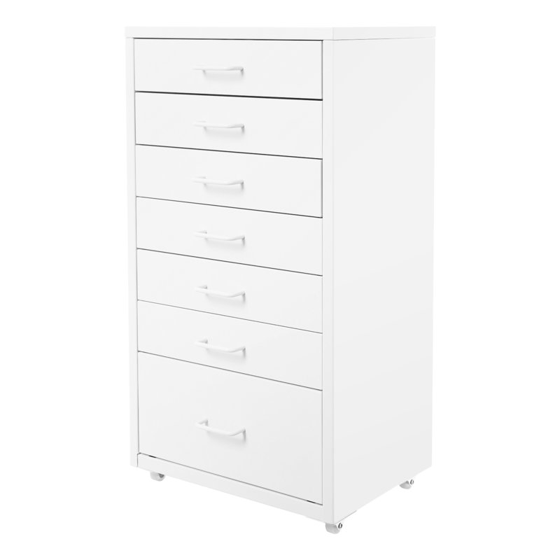 Table de chevet mobile avec 7 tiroirs, Blanc