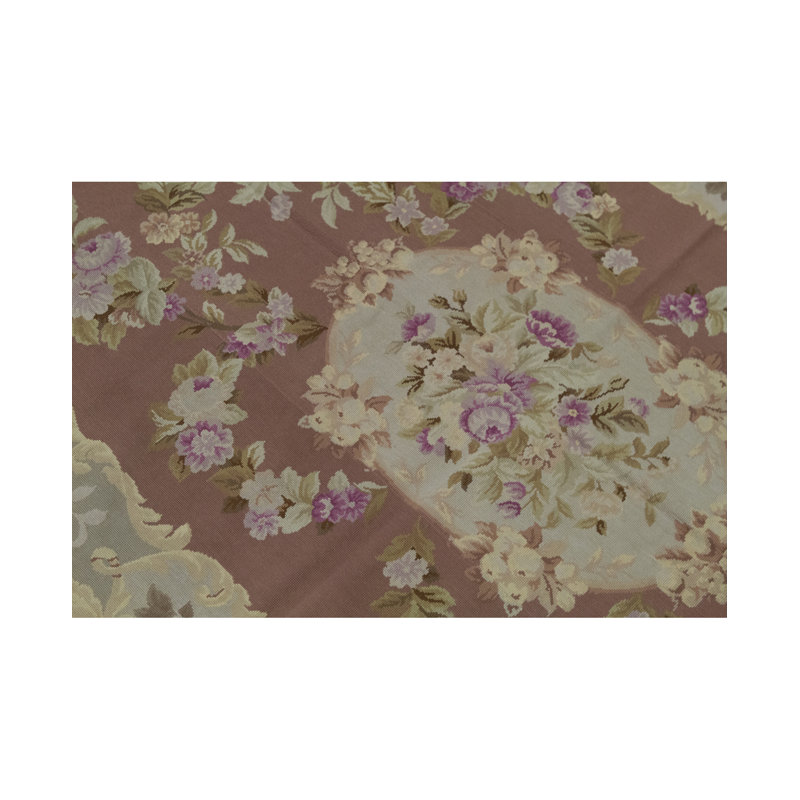 Tapis rond beige, brun et rose noué à la main de haute qualité