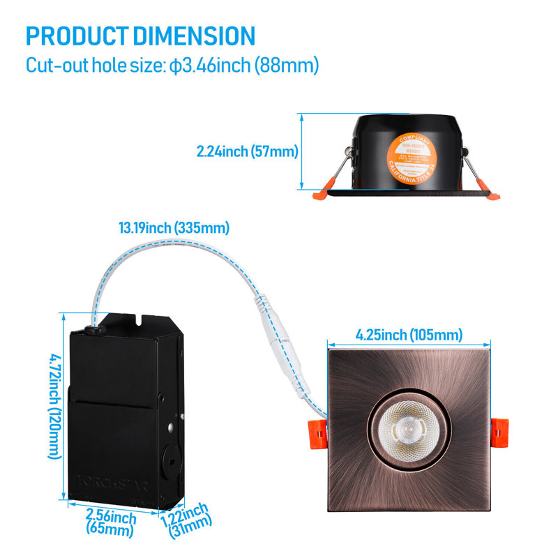 3 Inch Gimbal LED Recessed Light with J-Box, Square Downlight Dimmable, 7W (50W Eqv.), 4000K Cool White, Oil Rubbed Bronze