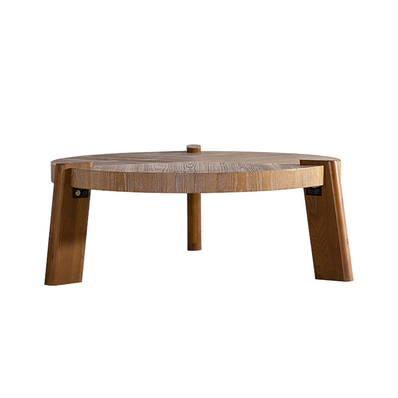 Table basse ronde à chevrons, bois massif naturel et table rustique en MDF avec pieds fuselés, finition patinée pour le salon