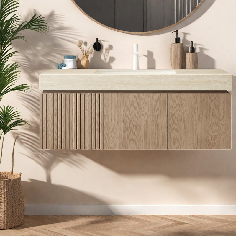 Meuble-lavabo moderne luxueux avec rangement, finition grain de bois, plateau en travertin Roma et lavabo en céramique