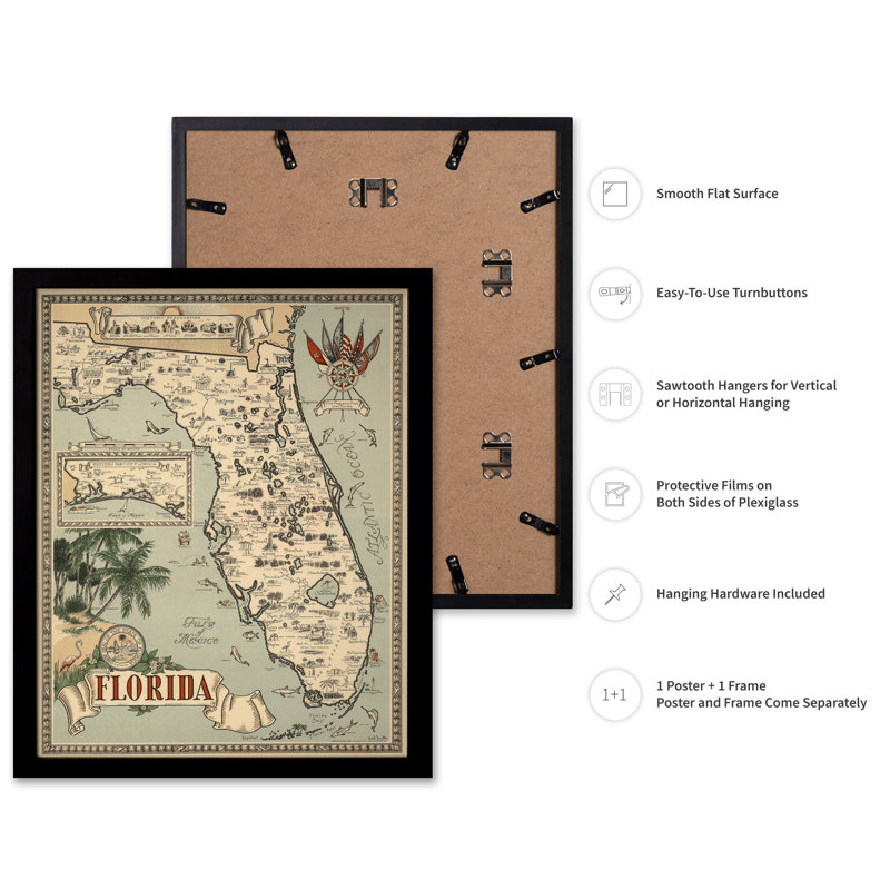Carte des poissons de la Floride, Cadre noir, Affiche, H 24 po x l 32 po