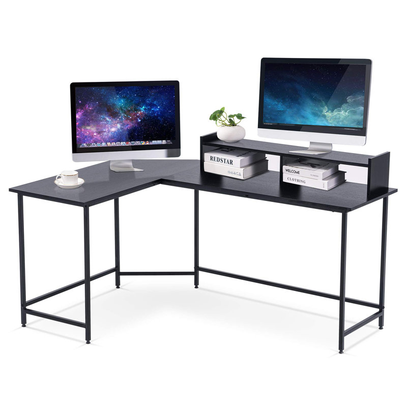 L-Shape Corner Writing Desk with with Monitor Stand, Black