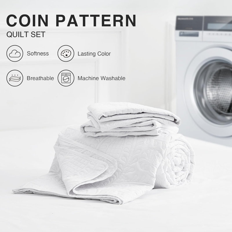 Courtepointe pour grand lit, couvre-lits blancs, courtepointe d'été, couvre-lit léger en microfibre, couvre-lit à motif de pièces de monnaie de style moderne pour toutes les saisons, 3 pièces (1 courtepointe, 2 taies décoratives)