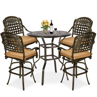MEETWARM 5-Piece Patio Swivel Bistro Set, All-Weather Cast Aluminum Outdoor High Stool Set for Backyard Garden with 4 Cushioned Bar Chairs with Footrest and 35.4" Bar Table, 2" Umbrella Hole