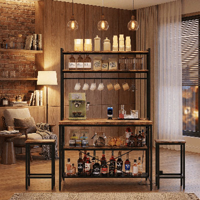 Industrial Kitchen Island With Stools, Coffee Bar Table With Storage And Power Outlet, Bakers Rack With 10 Hooks For Kitchen Dining Living Room by Trent Austin Design