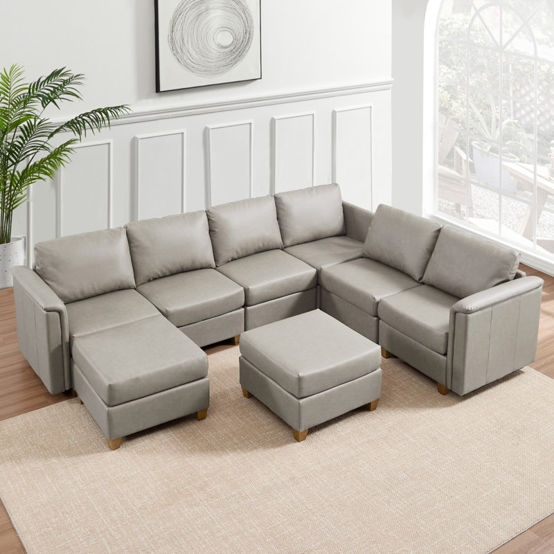 8-Piece Modern Upholstered Sectional Sofa, Beige Faux Leather, Natural