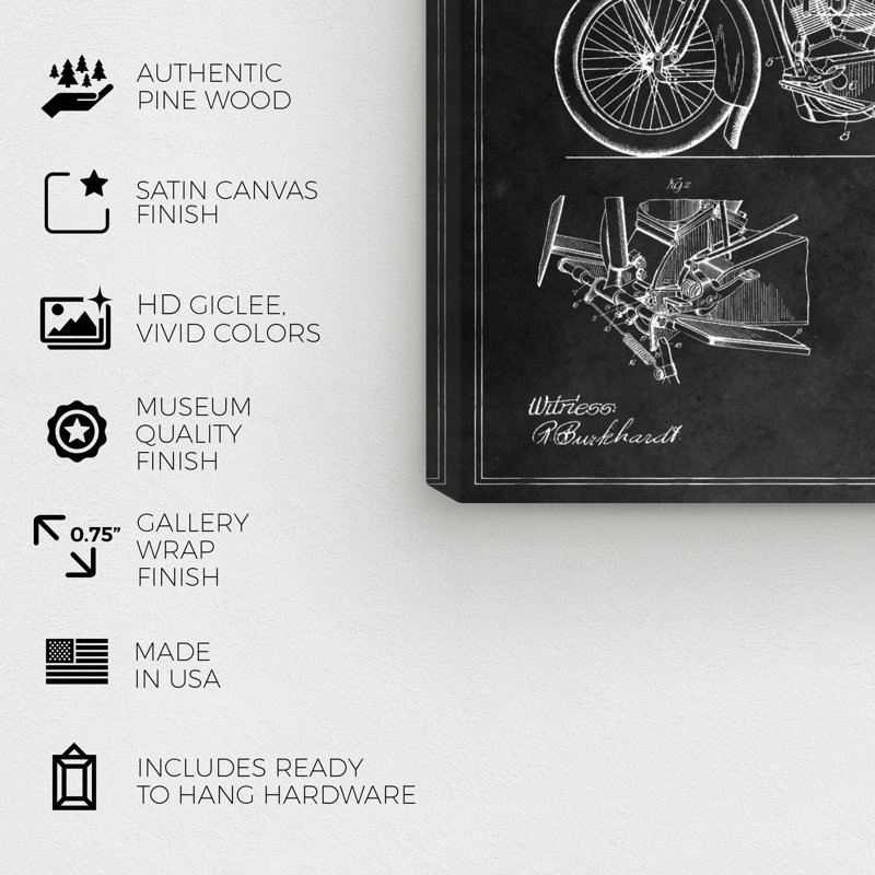 «Harley Engine 1923 Set Horiz Chalkboard», impression encadrée, H 16 po x l 24 po x P 0,75 po, Toile tendue
