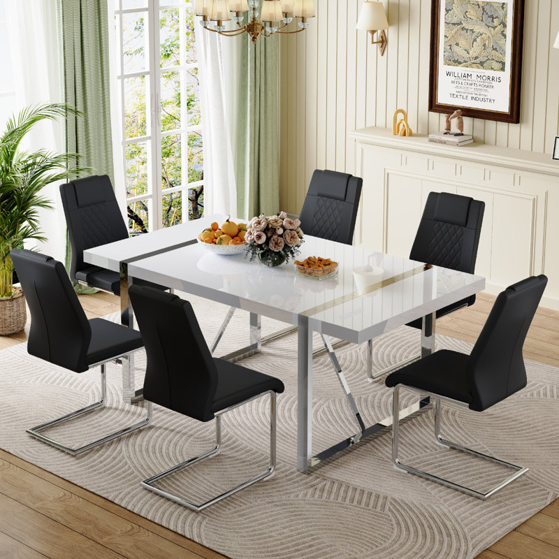 Neguta 6 - Person Dining Set, Modern Rectangular Dining Table Set with 6 Luxury Faux Leather Dining Chairs, Silver