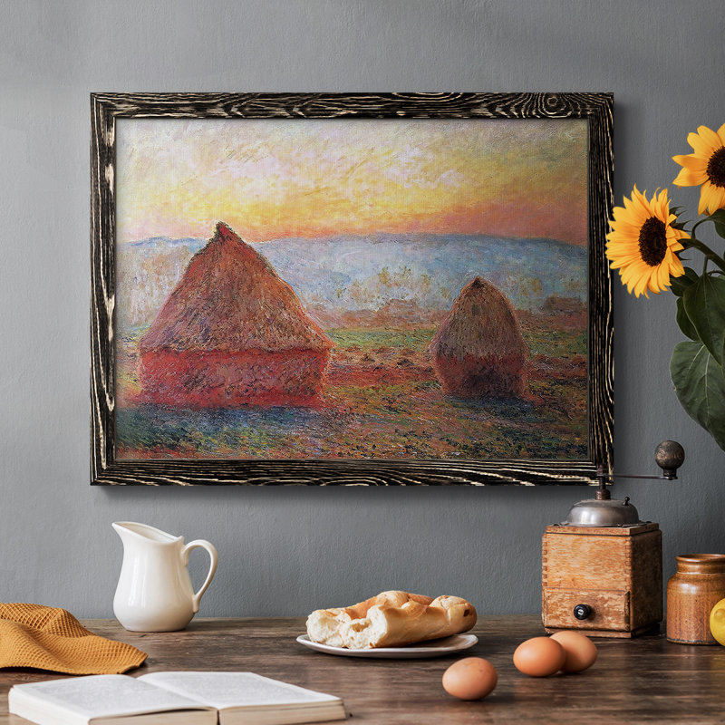 «Grainstacks At Giverny, Sunset, 1889», reproduction encadrée sur toile par J Paul, Cadre photo noir simple