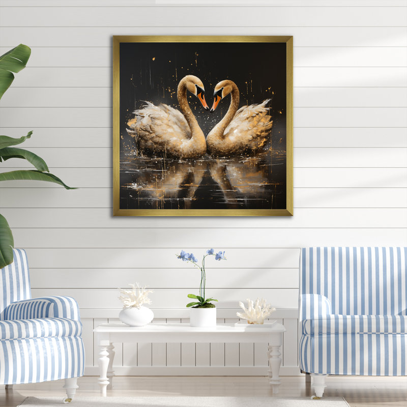 Golden Swans Wandering Pond 3 - cygne, art mural animal, Or, H 30 po x l 30 po